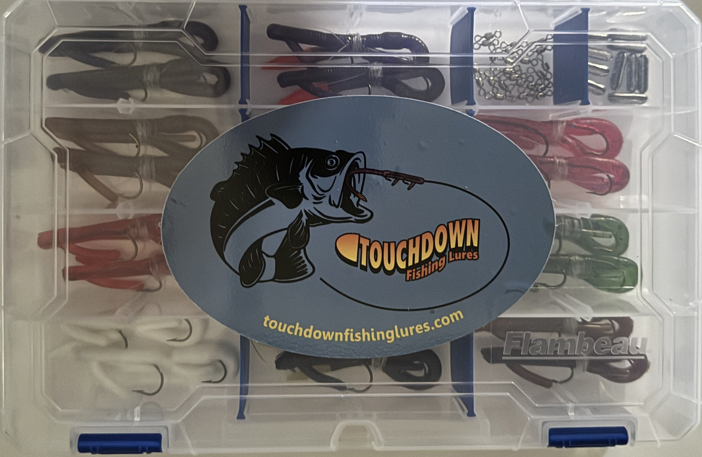 Pro Series Touchdown Lures Tackle Box Grande Edition Featuring 22 "SUPER WEEDLESS" Pre-Rigged Lures 11 colors, this pro-level fishing tackle box is perfect for catching bass!
