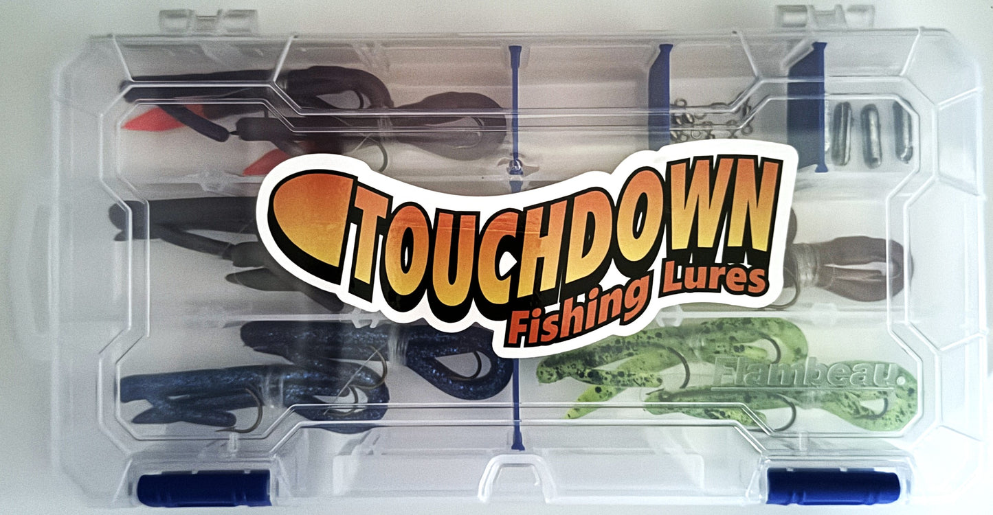 Pro Series Touchdown Lures Tackle Pack Top 5 Colors "SUPPER WEEDLESS" Pre-Rigged Lures in a compact tackle box