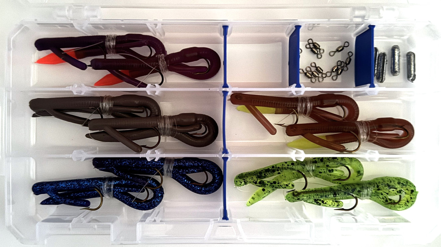 Pro Series Touchdown Lures Tackle Pack Top 5 Colors "SUPPER WEEDLESS" Pre-Rigged Lures in a compact tackle box