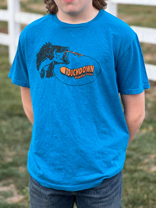 Short Sleeve Tee in Ultra Cotton Gildan T-shirt. Large Black and Bright Orange Touchdown logo on front of shirt. Now available in Graphite Heather (Gray), Antique Sapphire (Blue), and Caroline (Light) Blue in sizes from Youth-2XL.