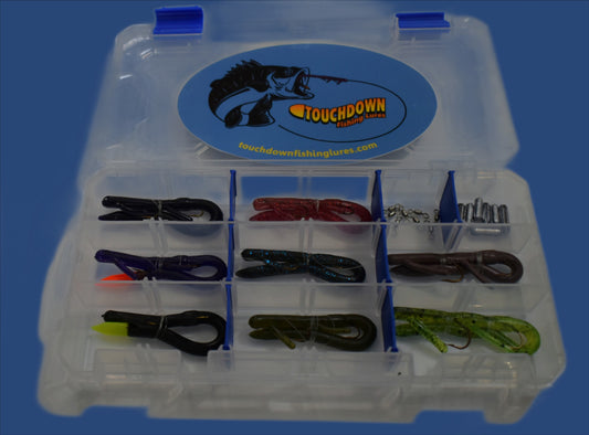 Small Tackle Variety Pack loaded with 2 Pro Series Touchdown Lures, 4 Original 6" Touchdown Lures and 2 Original 6" Touchdown Fire Tail Lures packaged in a 4 1/2 X 9 inch plastic box with a Touchdown decal.