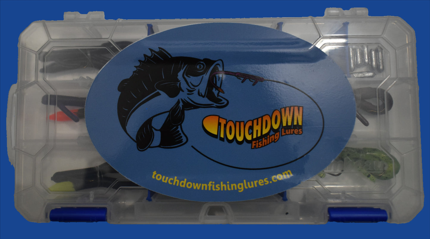 Small Tackle Variety Pack loaded with 2 Pro Series Touchdown Lures, 4 Original 6" Touchdown Lures and 2 Original 6" Touchdown Fire Tail Lures packaged in a 4 1/2 X 9 inch plastic box with a Touchdown decal.